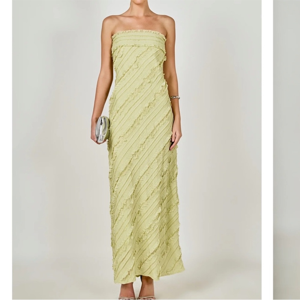 Endless Rose Strapless Ruffled Maxi Dress in Pale Green